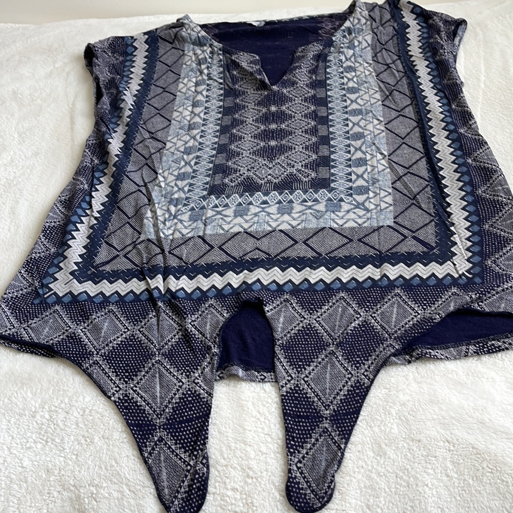 Lucky Brand tie waist sleeveless top blue / grey print sz large - Picture 7 of 12